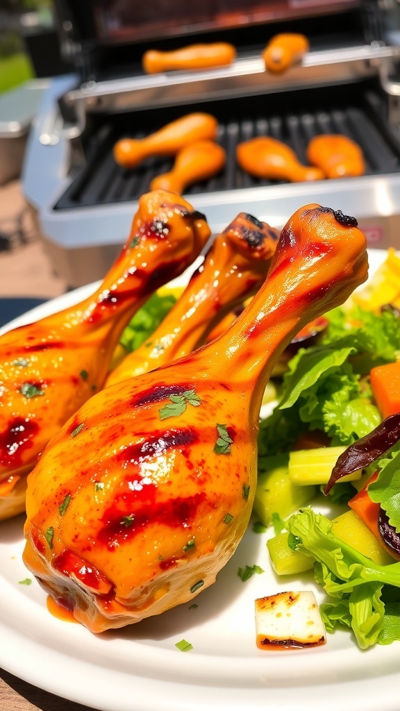 Grilled chicken drumsticks on a plate with herbs and vegetables in a sunny outdoor setting.